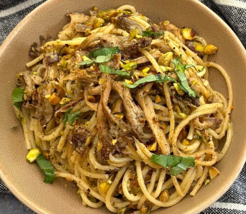 Oyster Mushroom And Preserved Lemon Pasta with nutritional yeast and olive oil