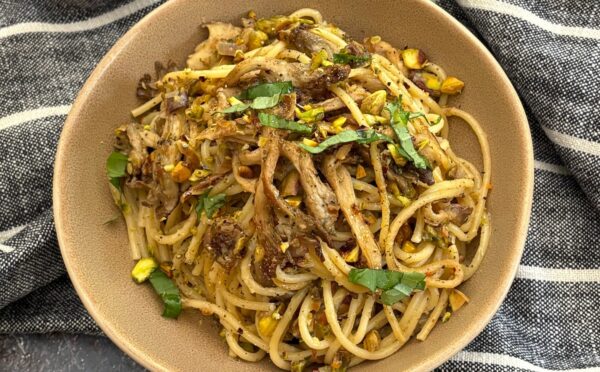 Oyster Mushroom And Preserved Lemon Pasta with nutritional yeast and olive oil