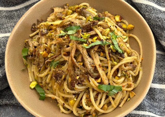 Oyster Mushroom And Preserved Lemon Pasta with nutritional yeast and olive oil