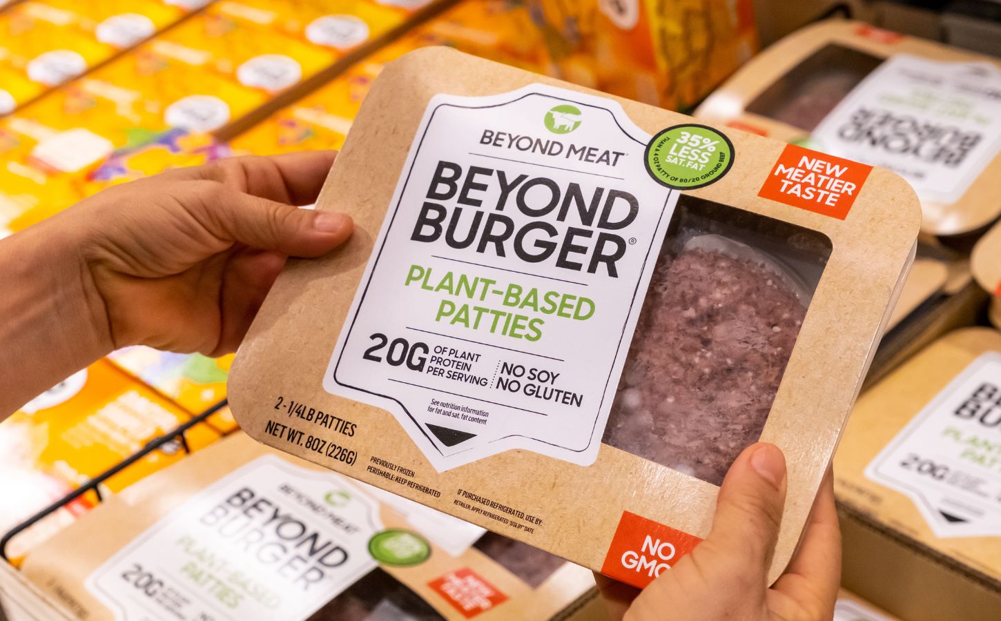 Photo shows someone's hands holding a pack of plant-based meat by Beyond Meat. The European Parliament has voted to ban a long list of “meaty” words from use on plant-based products and other alternatives