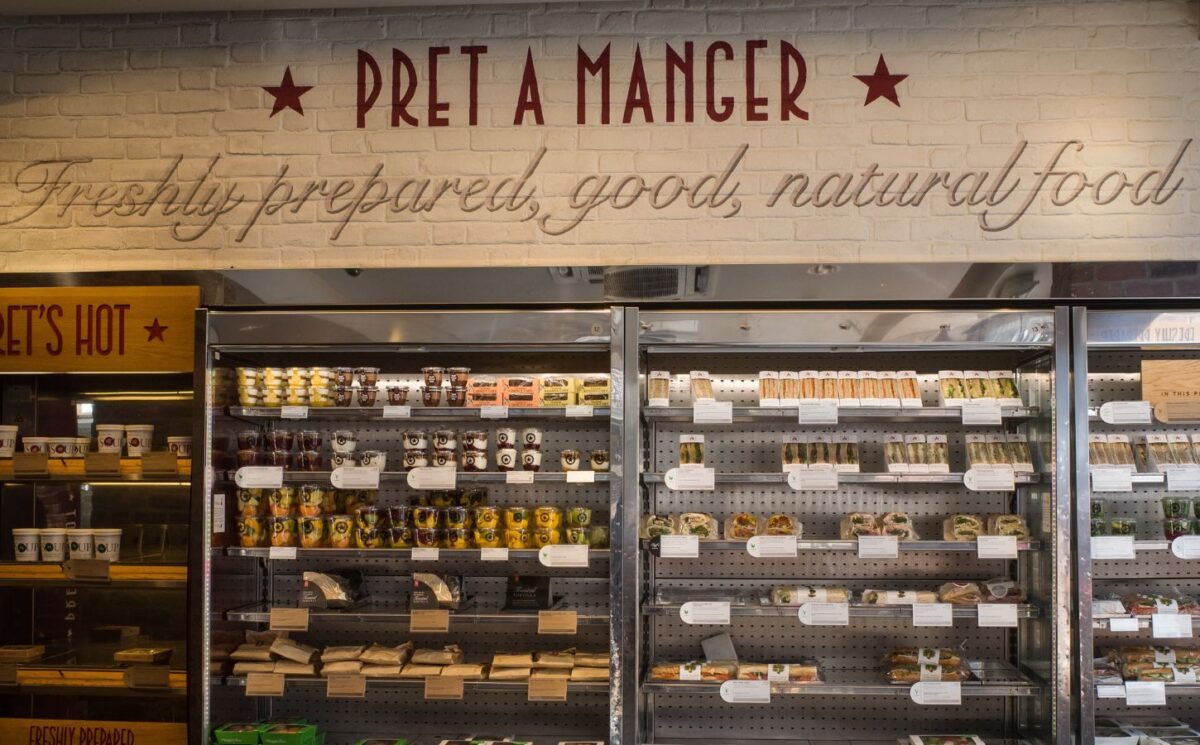 Photo shows the refrigerator inside a Pret cafe, including a sign that says, "freshly prepared, good, natural, food." Pret A Manger is facing a £1 million “Public Accountability Campaign” over its broken promise to stop selling “Frankenchickens” by 2026