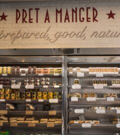 Photo shows the refrigerator inside a Pret cafe, including a sign that says, "freshly prepared, good, natural, food." Pret A Manger is facing a £1 million “Public Accountability Campaign” over its broken promise to stop selling “Frankenchickens” by 2026