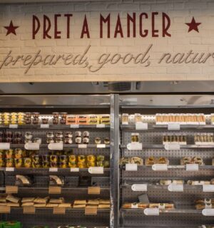 Photo shows the refrigerator inside a Pret cafe, including a sign that says, "freshly prepared, good, natural, food." Pret A Manger is facing a £1 million “Public Accountability Campaign” over its broken promise to stop selling “Frankenchickens” by 2026