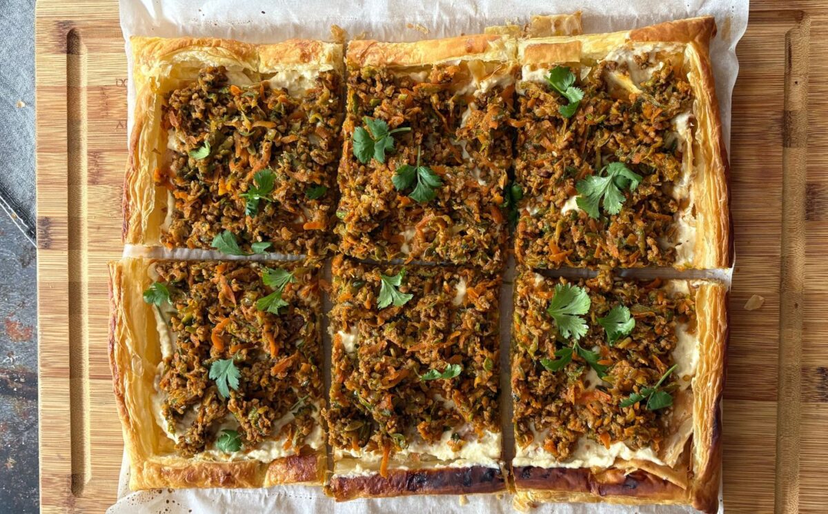 Rustic Puff Pastry Tart With Savory Mince & Creamy Hummus