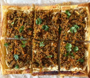 Rustic Puff Pastry Tart With Savory Mince & Creamy Hummus