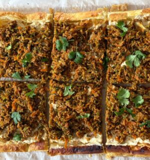 Rustic Puff Pastry Tart With Savory Mince & Creamy Hummus