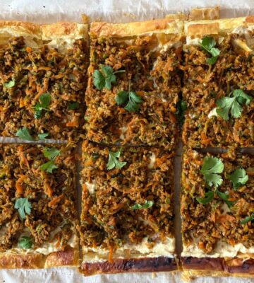 Rustic Puff Pastry Tart With Savory Mince & Creamy Hummus