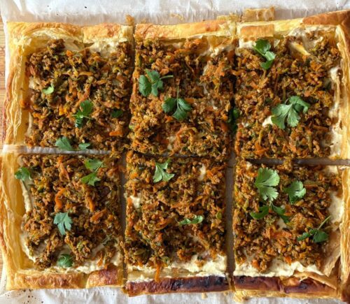 Rustic Puff Pastry Tart With Savory Mince & Creamy Hummus