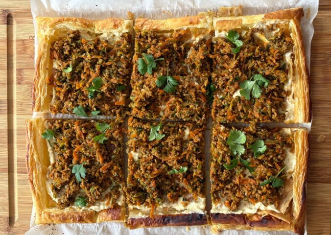 Rustic Puff Pastry Tart With Savory Mince & Creamy Hummus