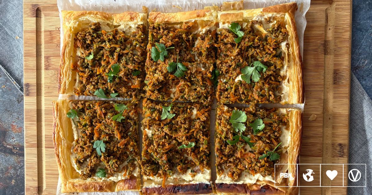 Rustic Puff Pastry Tart With Savory Mince & Creamy Hummus