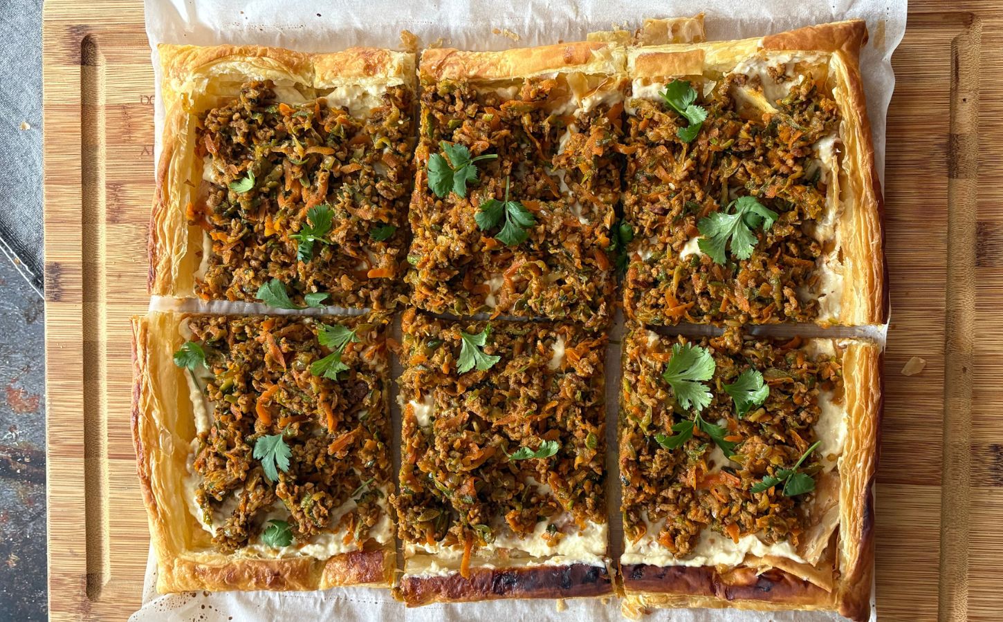 Rustic Puff Pastry Tart With Savory Mince & Creamy Hummus