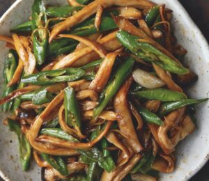 Sichuan Chili Mushroom Shreds (La Jiao Xiang Gu Si) with Shaoxing cooking wine, soy sauce, and cooked rice