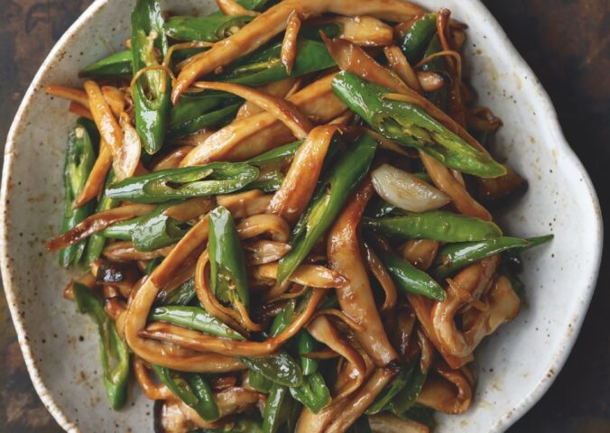 Sichuan Chili Mushroom Shreds (La Jiao Xiang Gu Si) with Shaoxing cooking wine, soy sauce, and cooked rice