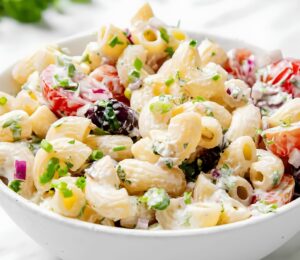 vegan summer macaroni pasta salad made with gluten-free pasta, classic flavors like tomato, parsley, olives, and vegan mayo or sour cream for vegan summer side dishes