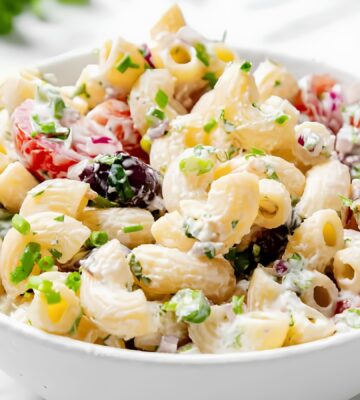 vegan summer macaroni pasta salad made with gluten-free pasta, classic flavors like tomato, parsley, olives, and vegan mayo or sour cream for vegan summer side dishes