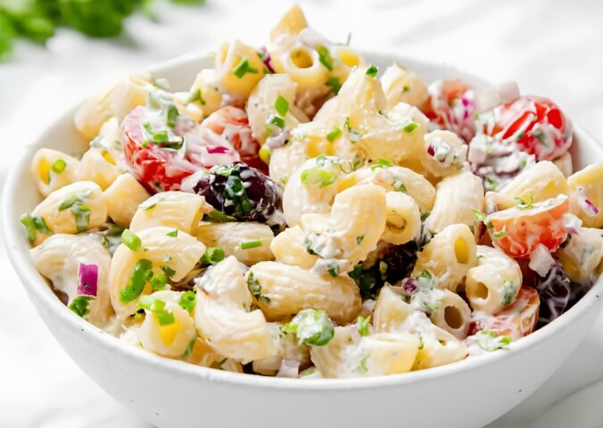 vegan summer macaroni pasta salad made with gluten-free pasta, classic flavors like tomato, parsley, olives, and vegan mayo or sour cream for vegan summer side dishes