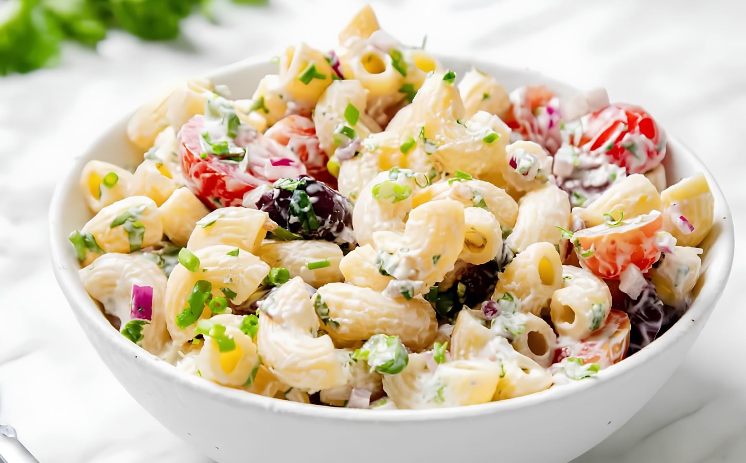 vegan summer macaroni pasta salad made with gluten-free pasta, classic flavors like tomato, parsley, olives, and vegan mayo or sour cream for vegan summer side dishes
