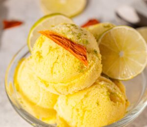 vegan mango lime sorbet with coconut milk and maple syrup