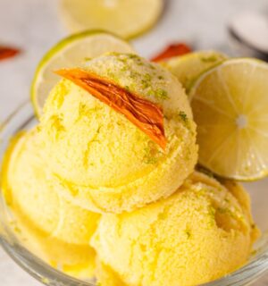 vegan mango lime sorbet with coconut milk and maple syrup