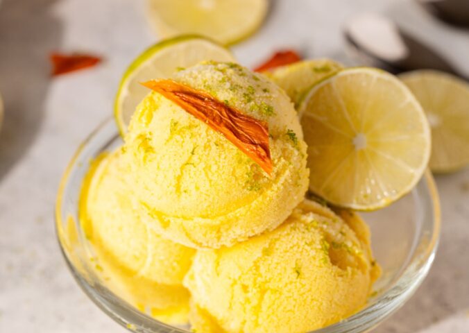 vegan mango lime sorbet with coconut milk and maple syrup