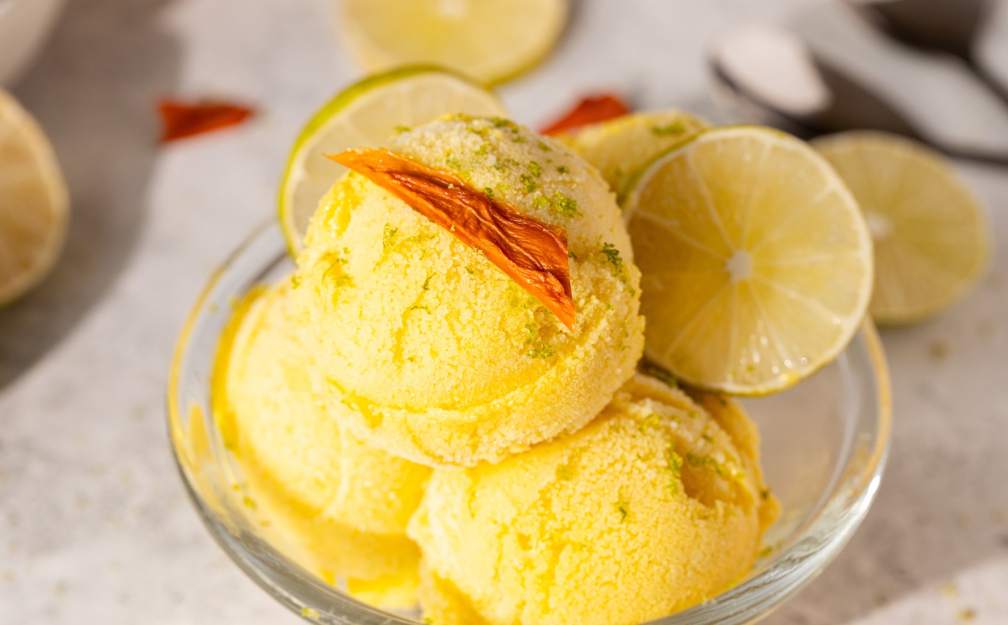 vegan mango lime sorbet with coconut milk and maple syrup