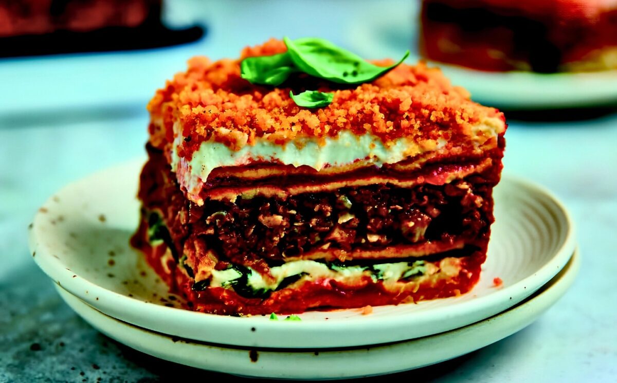 Veggie Sausage Lasagna with chickpea noodles, tomato sauce, cheese sauce, and ground veggie sausage