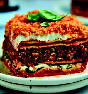Veggie Sausage Lasagna with chickpea noodles, tomato sauce, cheese sauce, and ground veggie sausage