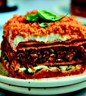 Veggie Sausage Lasagna with chickpea noodles, tomato sauce, cheese sauce, and ground veggie sausage