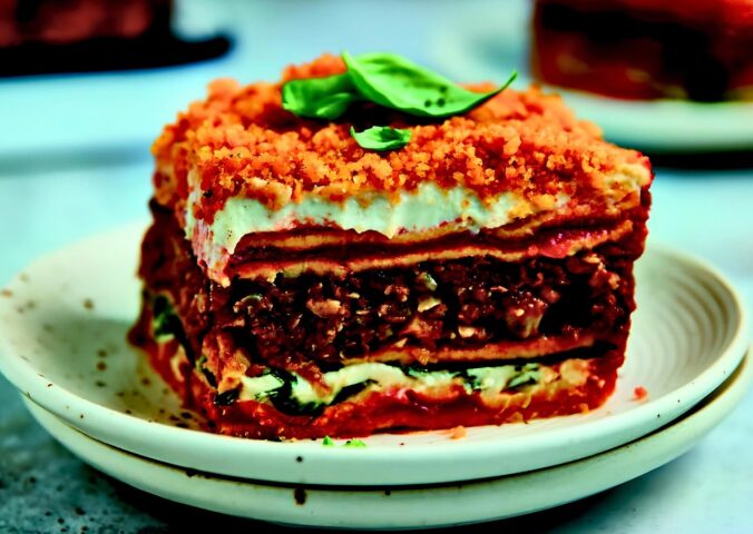 Veggie Sausage Lasagna with chickpea noodles, tomato sauce, cheese sauce, and ground veggie sausage