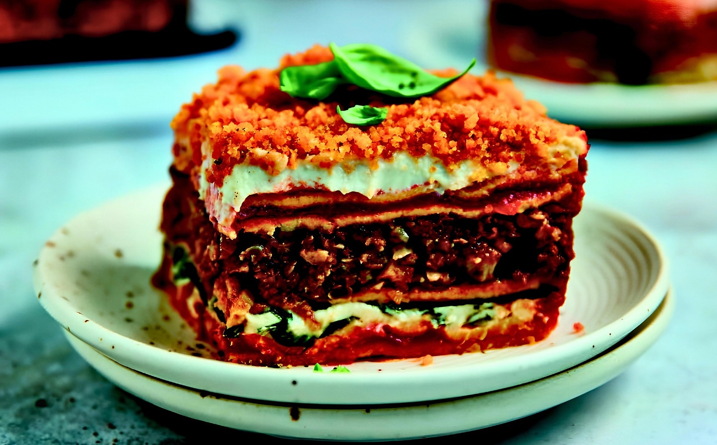 Veggie Sausage Lasagna with chickpea noodles, tomato sauce, cheese sauce, and ground veggie sausage