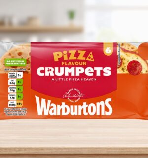 Photo shows the new vegan pizza-flavored crumpets from Warburtons against a stock kitchen background