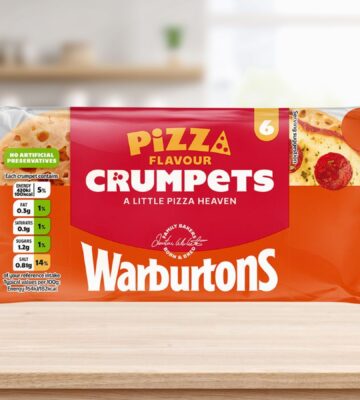 Photo shows the new vegan pizza-flavored crumpets from Warburtons against a stock kitchen background