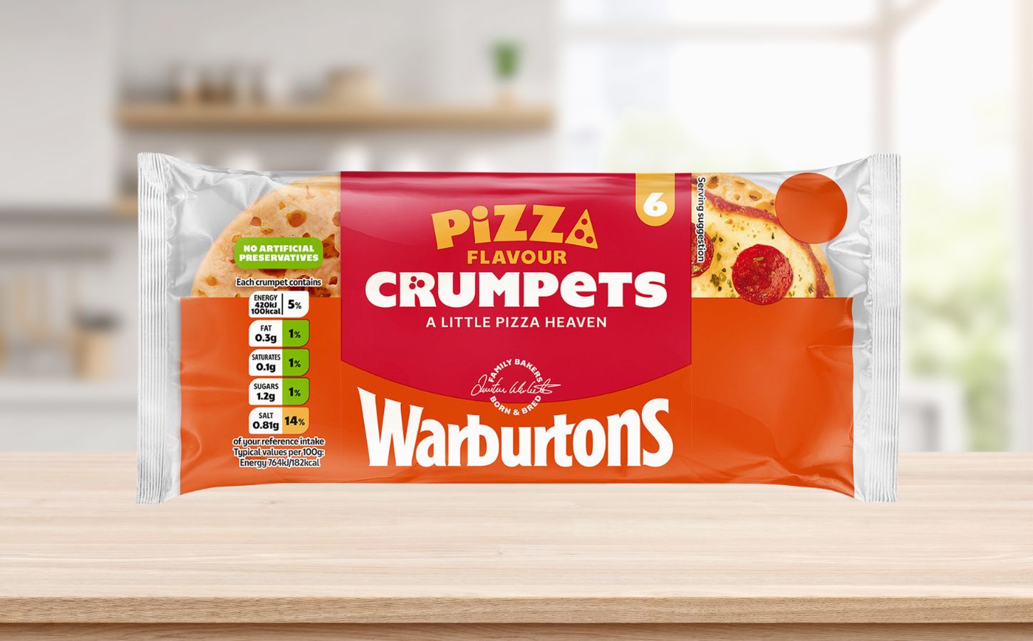 Photo shows the new vegan pizza-flavored crumpets from Warburtons against a stock kitchen background