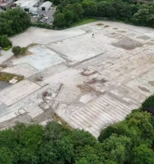 Aerial view of the demolished Ashton-under-Lyne slaughterhouse site, showing the flattened area where the UK pig gas chamber demolished after the facility’s closure once operated
