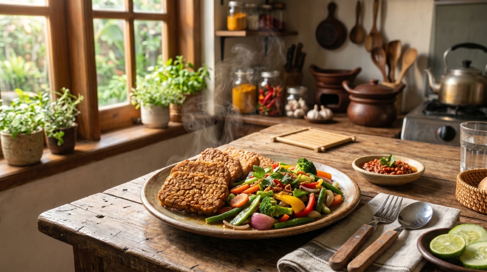 A plate of colorful vegetables and tempeh sits on a table in a rustic home kitchen, to illustrate article about maximizing the effectiveness of probiotics for gut health