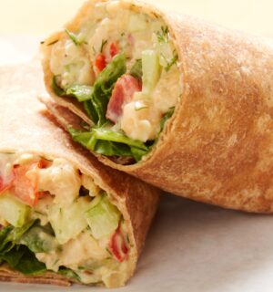 Apple-Dill Chickpea Mash Wrap with celery, bell pepper, red onion, mayo, and mustard