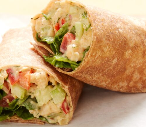 Apple-Dill Chickpea Mash Wrap with celery, bell pepper, red onion, mayo, and mustard