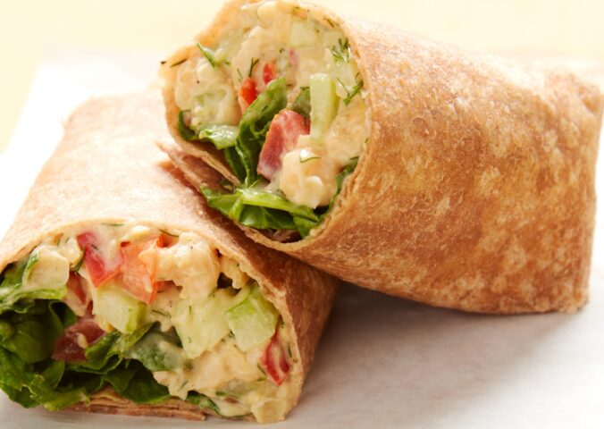 Apple-Dill Chickpea Mash Wrap with celery, bell pepper, red onion, mayo, and mustard