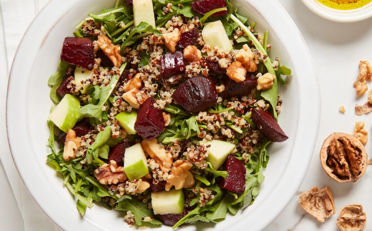 Beet And Quinoa Salad With Maple Vinaigrette with arugula and walnuts