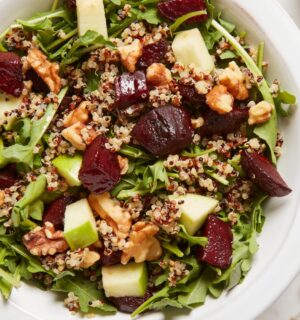 Beet And Quinoa Salad With Maple Vinaigrette with arugula and walnuts