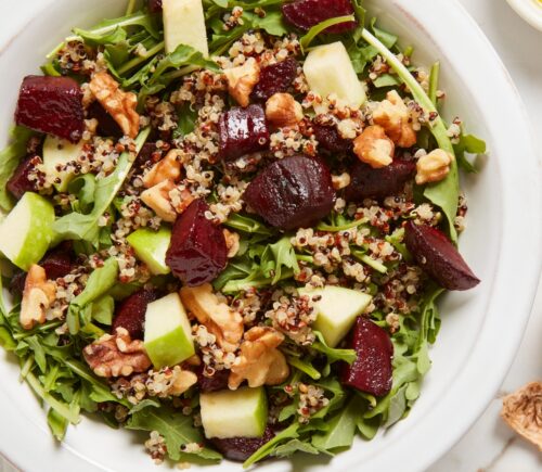 Beet And Quinoa Salad With Maple Vinaigrette with arugula and walnuts
