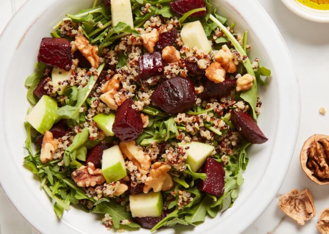 Beet And Quinoa Salad With Maple Vinaigrette with arugula and walnuts