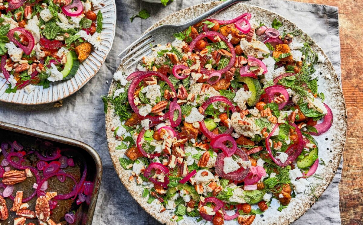 Butternut, Chickpea & Toasted Pecan Salad With Tahini Yogurt Dressing and cucumber, mint, and lemon