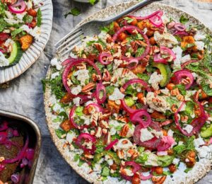 Butternut, Chickpea & Toasted Pecan Salad With Tahini Yogurt Dressing and cucumber, mint, and lemon