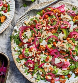 Butternut, Chickpea & Toasted Pecan Salad With Tahini Yogurt Dressing and cucumber, mint, and lemon