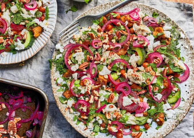 Butternut, Chickpea & Toasted Pecan Salad With Tahini Yogurt Dressing and cucumber, mint, and lemon