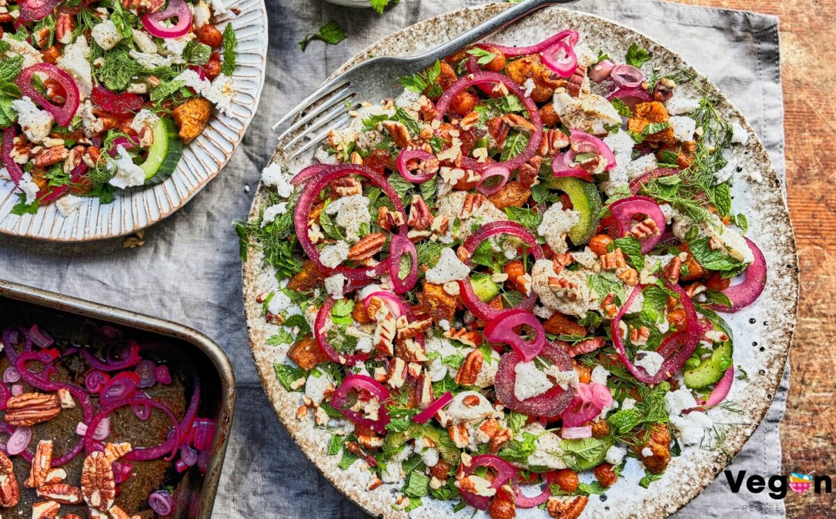 Butternut, Chickpea & Toasted Pecan Salad With Tahini Yogurt Dressing and cucumber, mint, and lemon