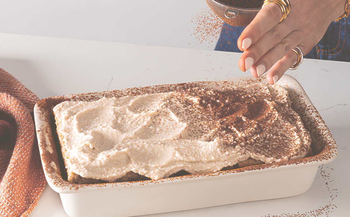 a dish full of cheat's tiramisu, a high-protein and plant-based dessert for vegan tiramisu recipes