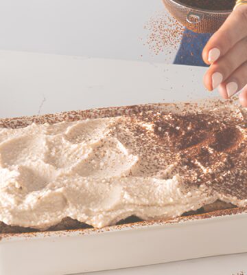 a dish full of cheat's tiramisu, a high-protein and plant-based dessert for vegan tiramisu recipes