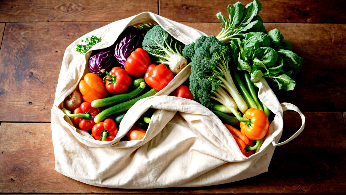 Photo shows a white canvas bag full of fresh fruit and veg. Could adopting a plant-based or plant-rich diet make you more attractive? A new narrative review has found that eating less meat and more plants can change how you  look, smell, and feel, and benefit your overall health.